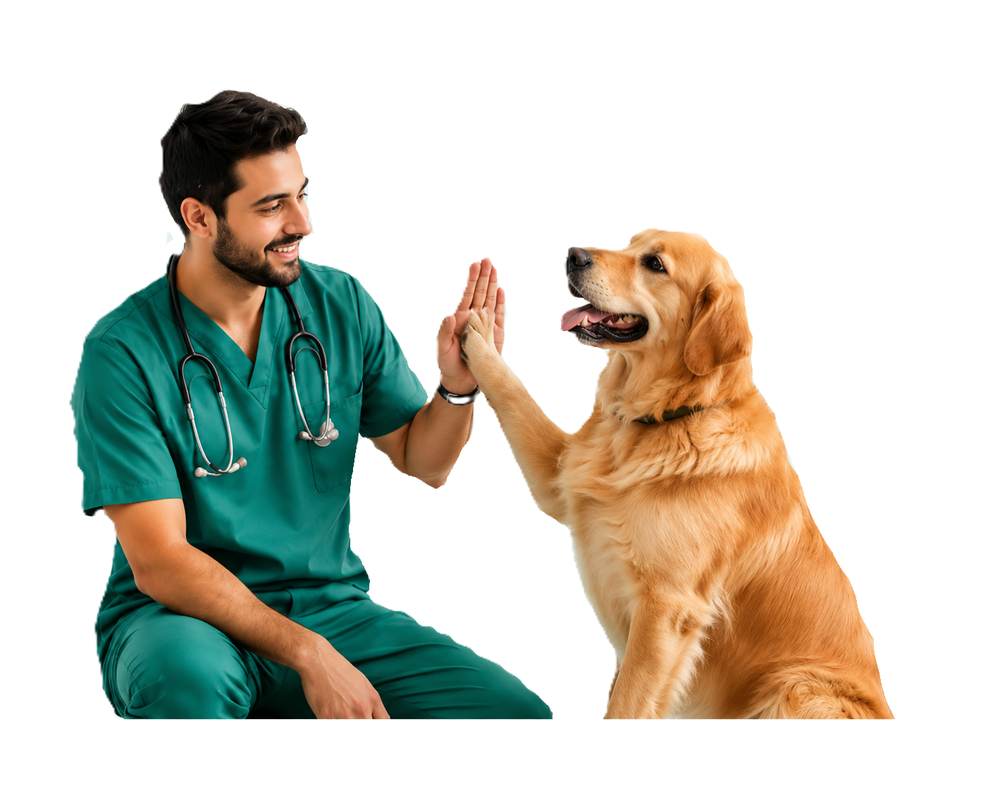 Veterinarian high-fiving a golden retriever